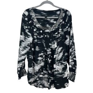 Alfani Womens Blouse Top Embellished Neck Pleated Long Sleeve Black White Sz 12*
